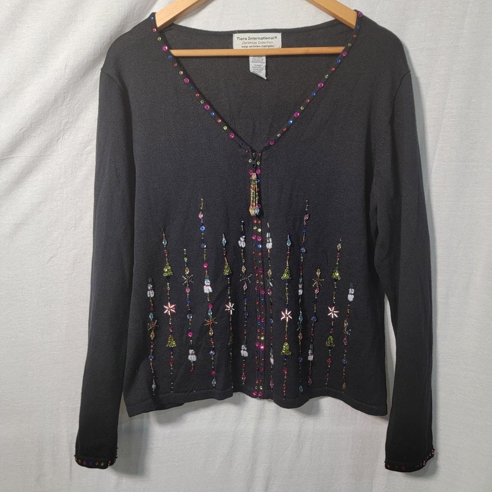 VTG Tiara International Christmas Cardigan Sweater L Sequin Beaded Holiday ZipUp